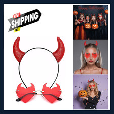 Devil Horns and Sunglasses Costume Set Red Horns Headband Glitter Ears Cosplay