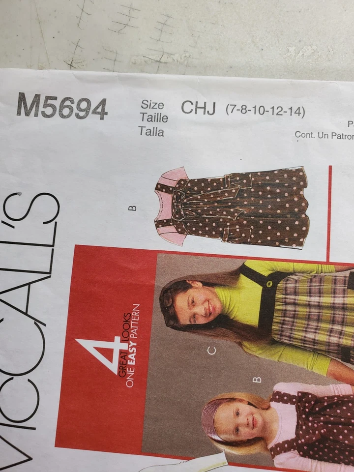 McCalls Pattern 5694 Girls Dress Jumper A-Line Pockets Childs 7 8 10 12 14 UNCUT - Image 2 of 4