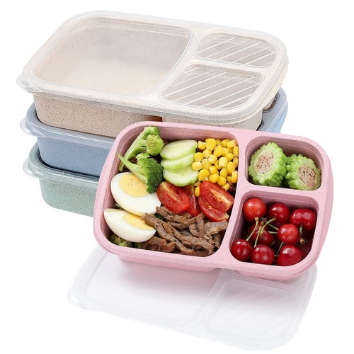 4 Pack Bento Lunch Box Set 3 Compartment Wheat Straw Meal Prep Food Storage C...
