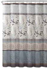  Light Blue Beige Grey Fabric Shower Curtain for Bathroom: Contemporary Floral 