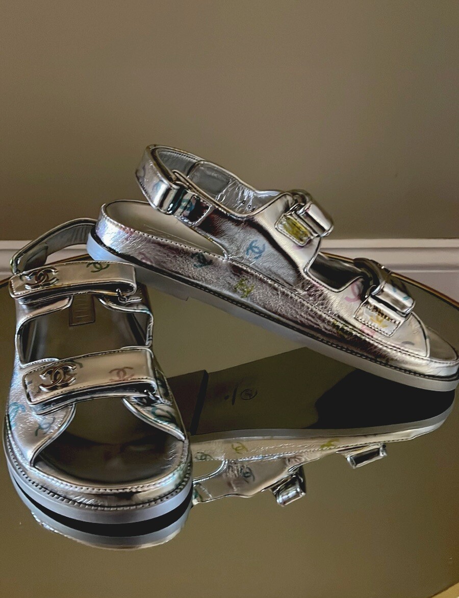 Chanel Dad Sandals Siver Leather CC Logo Sz 42 | eBay