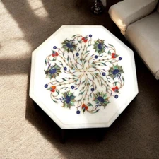 18" Octagon White Marble Coffee Table Semi Precious Stone Floral Inlay Home Deco