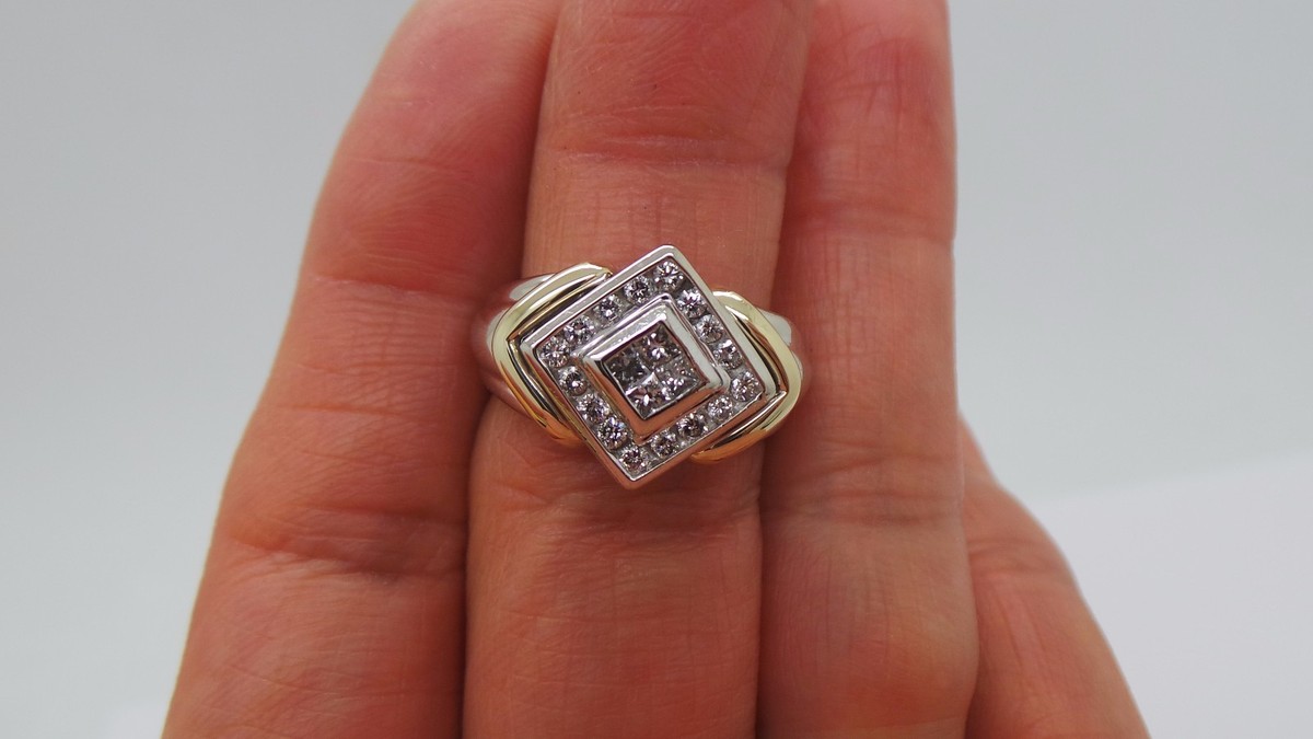 STUNNING 14K 2TONE LADIES DIAMOND CLUSTER RING 1.00 tcw SZ 6.25