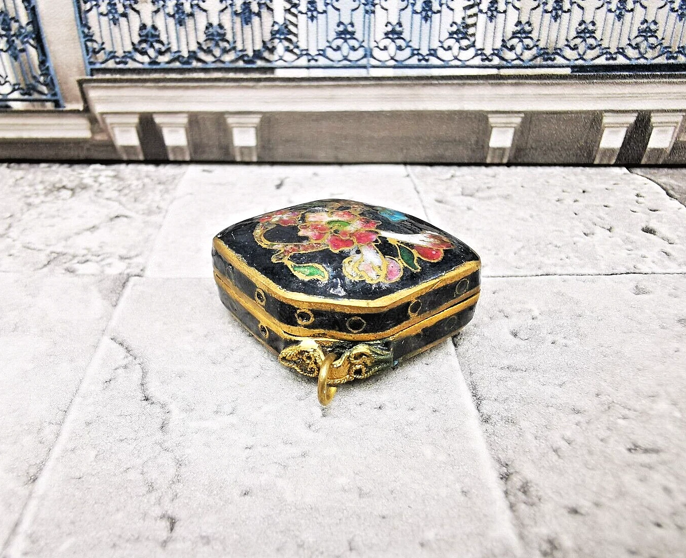 KENZO Portapillole portapillole vintage piccola miniatura in ottone smaltato placcato oro AA24