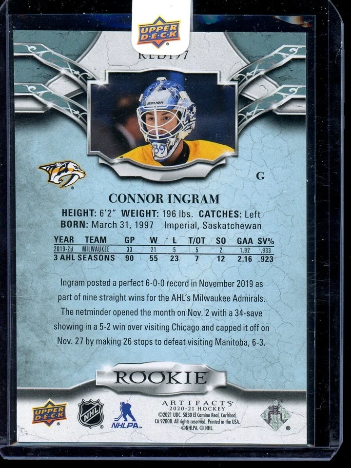 Connor Ingram 2020-21 Upper Deck Artifacts 314/999 - Nashville Predators - Image 2 of 2