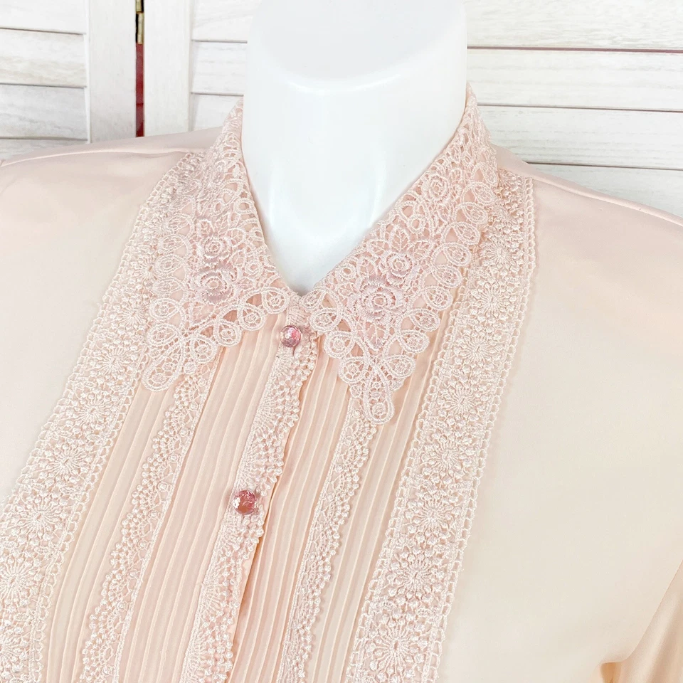Blusa vintage Kathy Che para mujer 12 pliegues de encaje transparente rosa melocotón delantero Foto 2 de 4