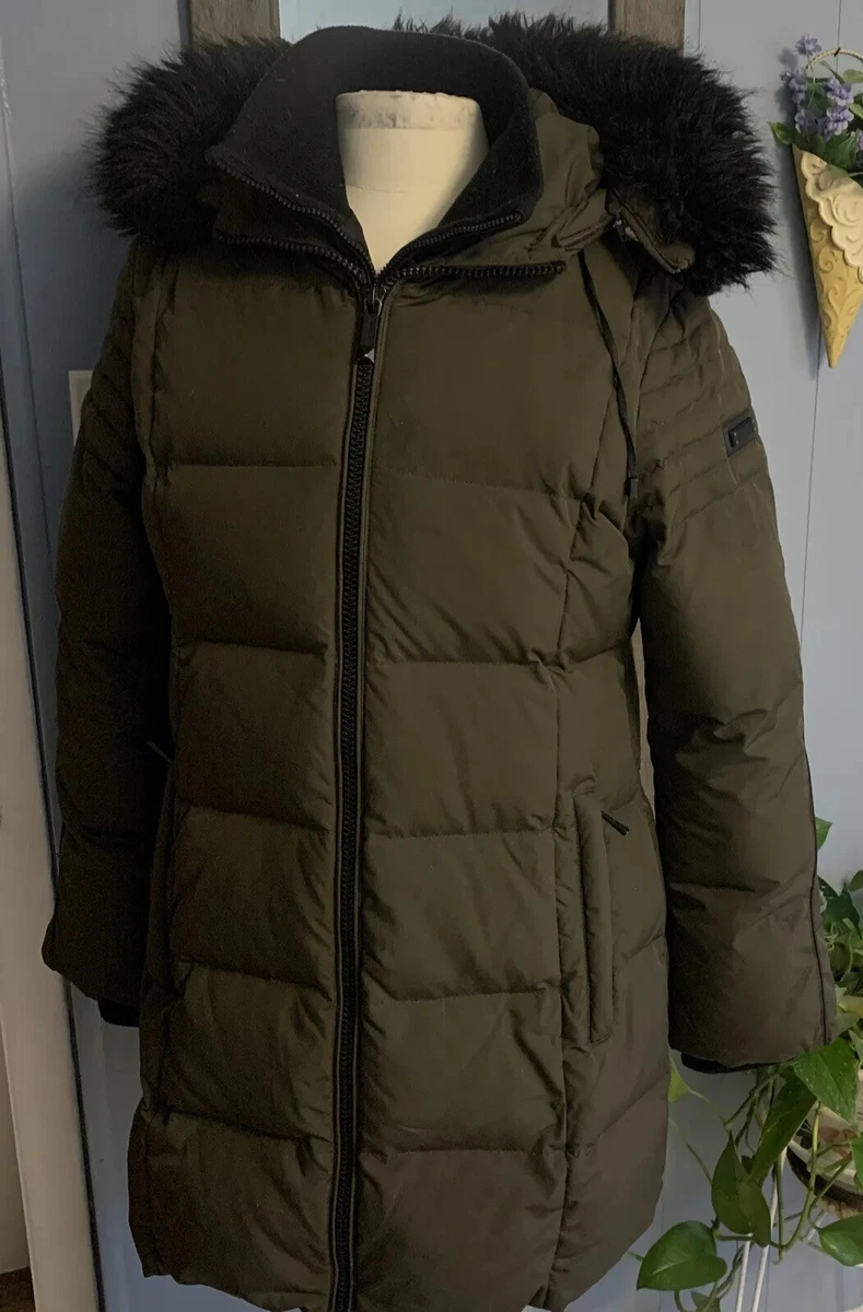 BCBGMAXAZRIA Faux Fur Trimmed Hooded Maxi Down Puffer Parka Coat L Green  Flaws | eBay