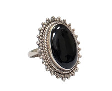 VINTAGE ELABORATE LARGE NATURAL BLACK ONYX 925 STERLING SILVER BEADED RING