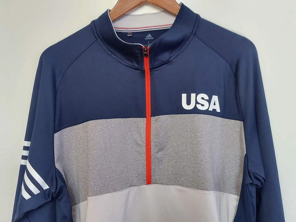 Equipo EE. UU. Adidas Golf Media Cremallera Pullover Chaqueta Talla L Azul Marino EE. UU. Fútbol Calentamiento Foto 2 de 4