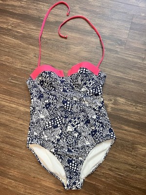 Lilly Pulitzer Women s One Piece Swimsuit Fish Print Halter Navy/White Pink L