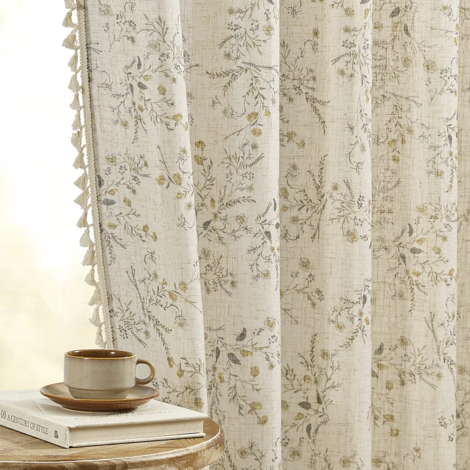 Floral Linen Curtains 54x63 Set Of 2 Farmhouse Tassel Panels