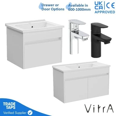 VitrA White Gloss Vanity Unit Wall Hung Bathroom Sink Drawer Door Basin Tap Set