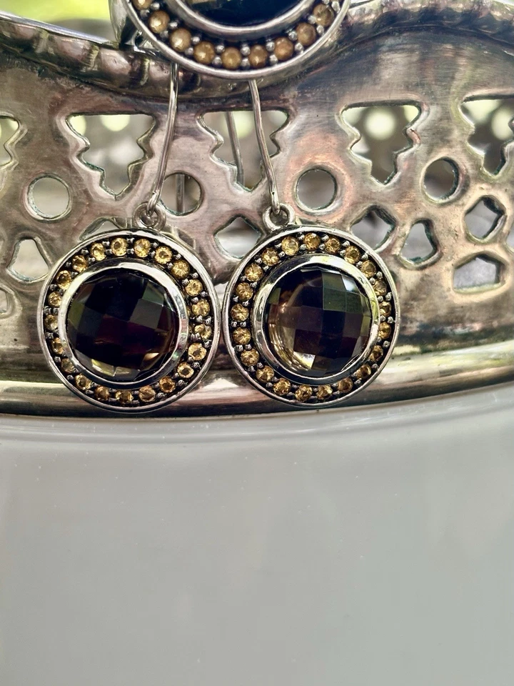 VTG Sterling HUGE Smokey Topaz Main Stone W/Citrine Halo Ring & Earring Set Sz 7 - Image 4 of 4