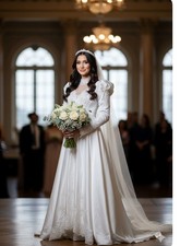 Union Made Vintage 80s Ivory Satin Sequin  Lace Long Sleeve Wedding Dress sz 6