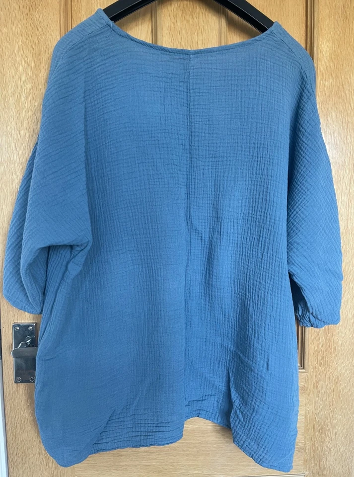Mid Blue Linen Mix Round Neck Drop Sleeve Top - Image 3 of 4
