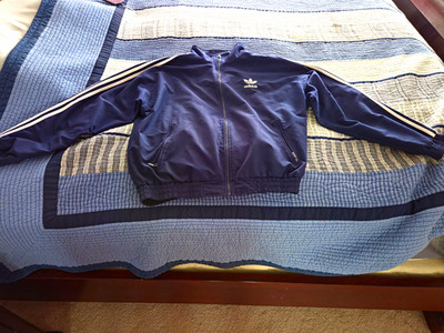 Vintage 90s Adidas Track Jacket Navy Blue White 3-Stripe Stand Collar Medium