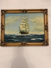 Vintage Original Oil Painting Signed JOHNSON Clipper Ship Gold Frame Art