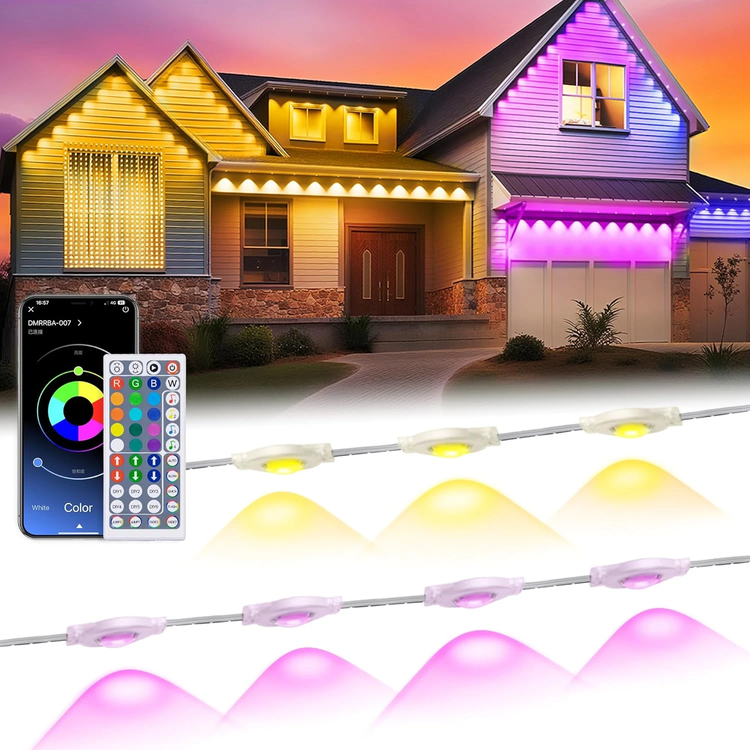 200Ft RGB Outdoor Permanent Lights with Remote Control, Waterproof for Holidays
