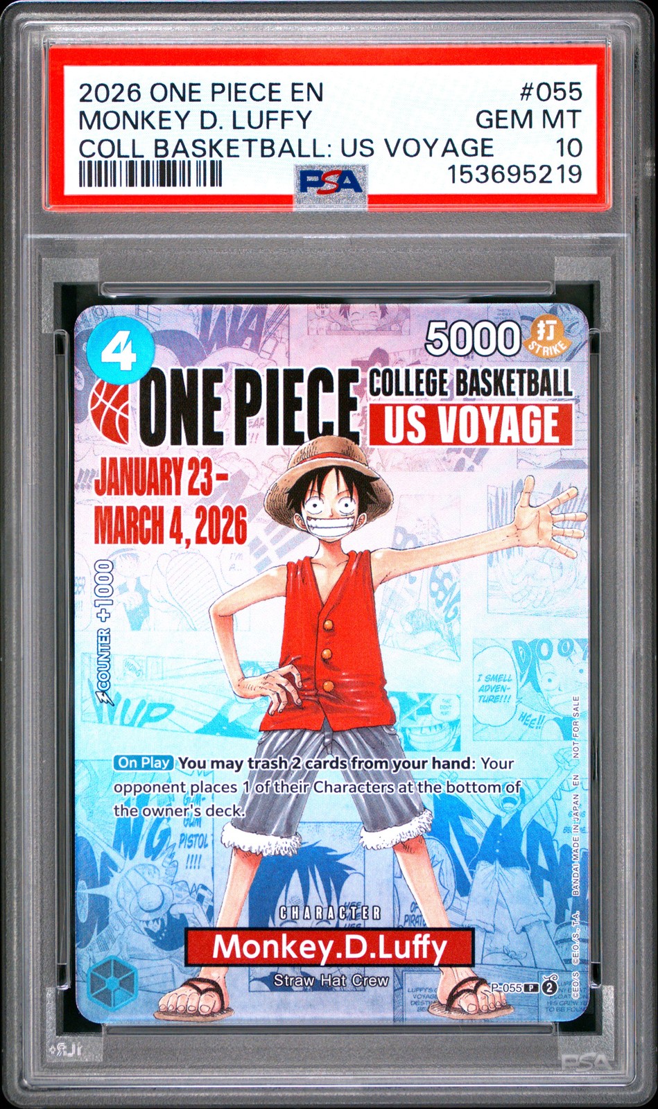 2026 ONE PIECE COLLEGE BASKETBALL: US VOYAGE #055 MONKEY D. LUFFY PSA 10 view 1