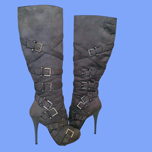 Michael Antonio GREY Buckles High Heel Round Toe Tall Boots Womens Size 6 Straps - Picture 2 of 15
