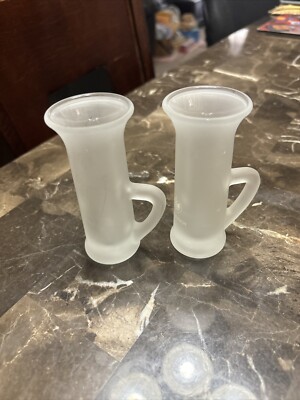 Set Of Two Keglevich Vodka Frosted Tall Shot Glasses With Handle Vintage Barware