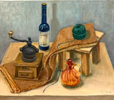 Original Art Oil Painting – Rustic Table Scene, Bottle – H18 x W21 inch signed