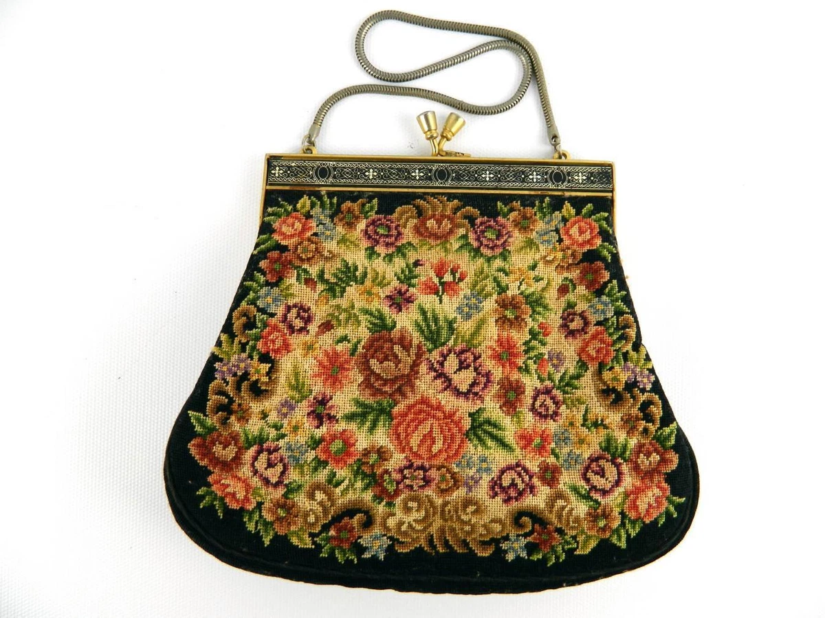 Vintage Micro Petit Point Needlepoint Floral Roses Tapestry Evening Bag Austrian