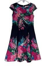 Eliza J Floral Cap Sleeve Fit & Flare Scuba Dress Sz 4P Navy Pink