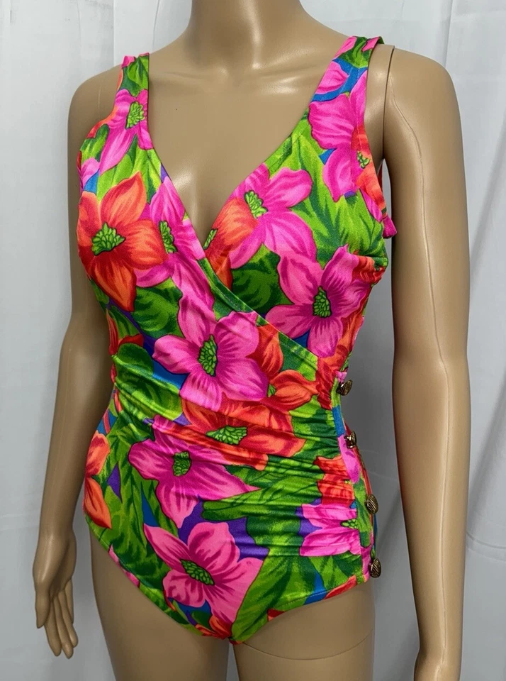 Винтажный редкий купальный костюм ILGWU Esther Williams цельный купальник размер 8 неоновый цветочный - Изображение 2 из 4
