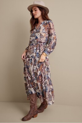 sz Large Soft Surroundings patchwork boho peasant Hailey dress cream tan rust
