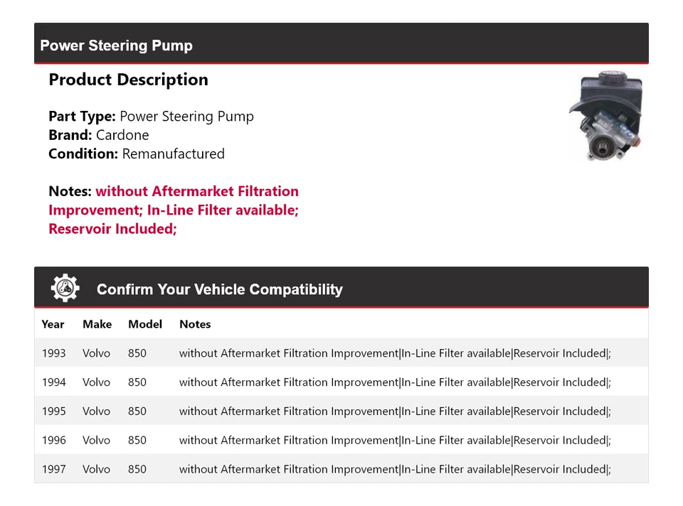 适用于 1993 - 1997 年沃尔沃 850 动力转向泵 Cardone 1994 1995 1996 — 第 2/4 张图片