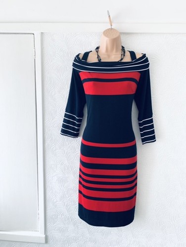 Frank Lyman Multi Colour Stripe Cold Shoulder Stretchy Dress Size Uk 14 - Picture 13 of 13