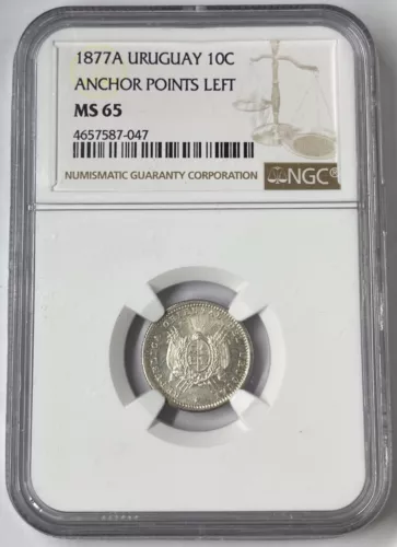 1877A Uruguay 10C Anchor Points Left NGC MS65 #