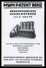 Alte Reklame 1928 MWM Patent Benz Kompressorlose Dieselmotoren 5 - 1500 PS