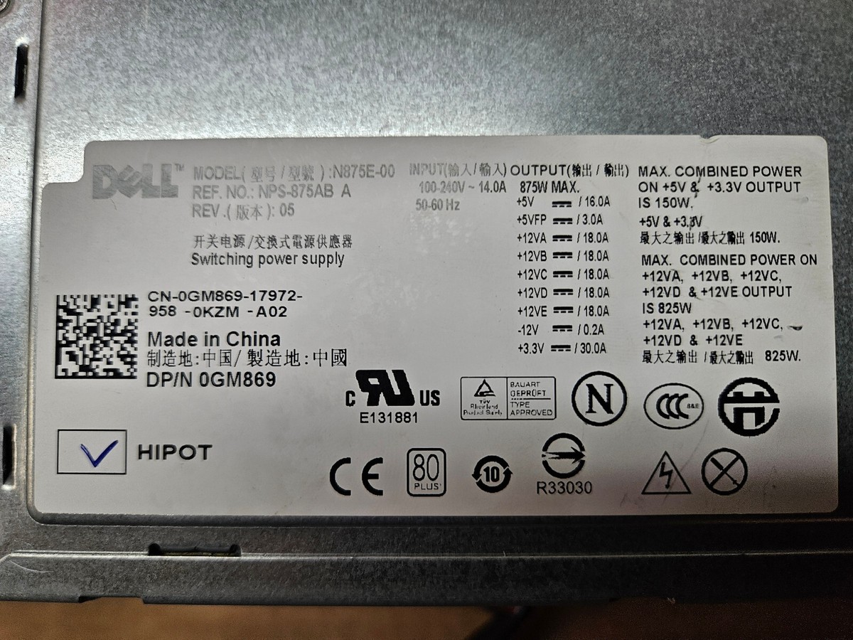 Alimentation Dell H875E-00 (modèle HP-D8751A001) - 875W - Occasion Fonctionnelle