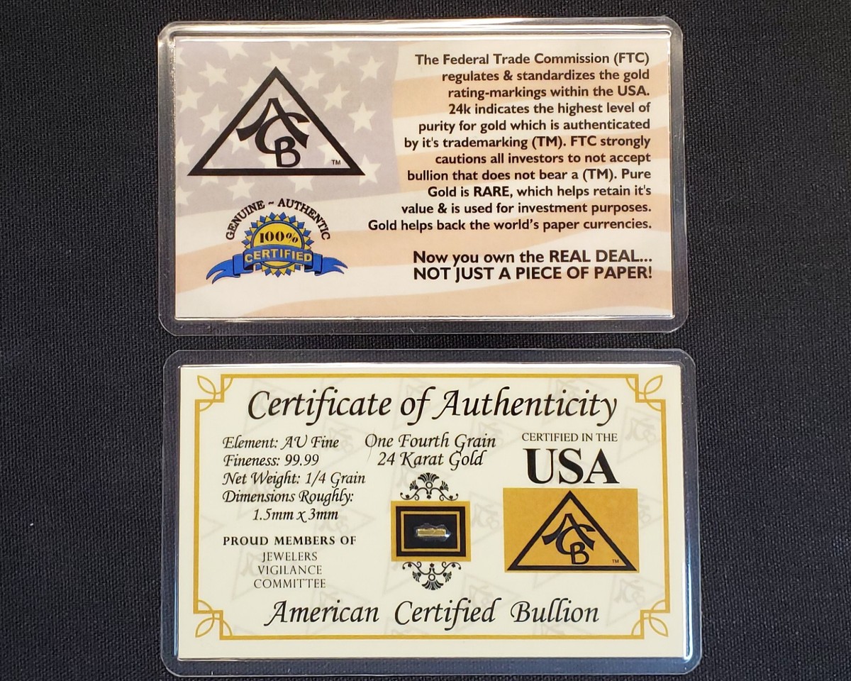 GOLD ACB 1/4GRAIN 24K SOLID BULLION MINTED BAR 9999 FINE CERT