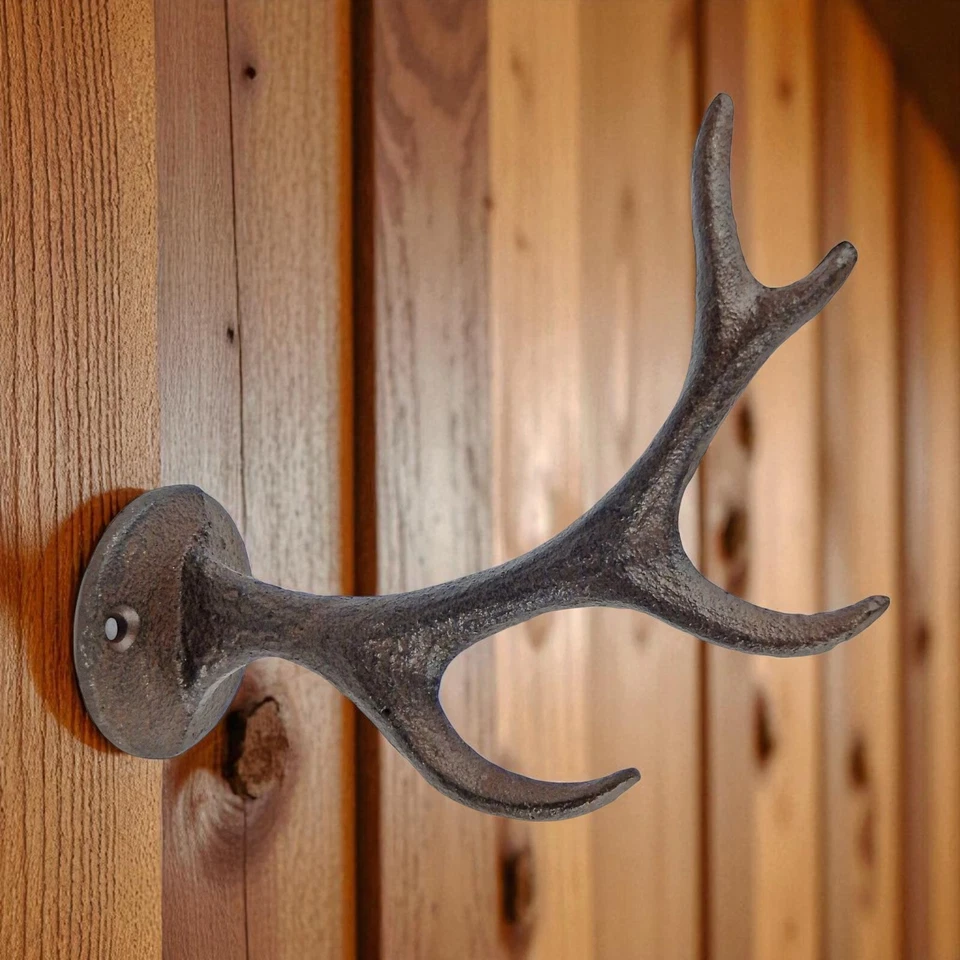 Ciervo Buck Hierro Fundido Cuerno Gancho de Pared Llave Abrigo Sombrero Toalla Colgador Cabaña Lodge Decoración Foto 2 de 4