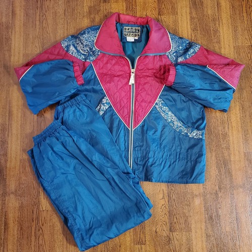 Vtg East West Wind Suit Track Jacket Pants Womens Sz M Burgundy Teal Blue FLAWED - Picture 4 of 13