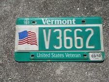 Vermont 2010  Veteran  license plate  #  3662