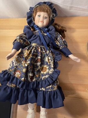 vintage porcelain doll Brown Hair Blue Dress Collectable
