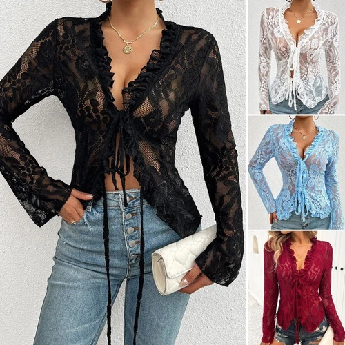 Sexy Damenbluse mit Blumenspitze zum Binden vorne durchsichtig V-Ausschnitt Cardigan Rüschenbluse - Bild 3 von 28
