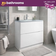900mm White Gloss Vanity Unit Floor Standing 2 Drawer & Glass Basin