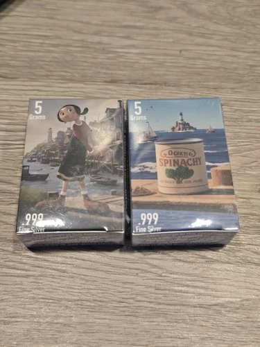 2025 Pan Silver Popeye 2x 5g .999 Fine Silver Bars - Olive Oyl & Spinach Can