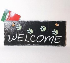 Welcome Paw Prints Slate 7"L Sign Hanging Dog Cat Home Stone Decoration D5