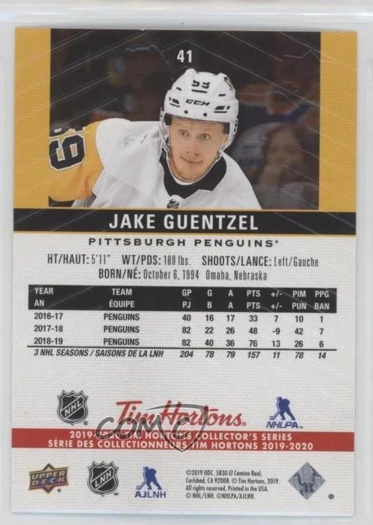 2019 Upper Deck Tim Hortons Collector's Series Premium Program Jake Guentzel #41 - Image 2 of 2