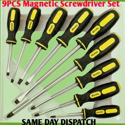 9-teiliges Schraubendreher Magnet Set Schwerlast Komfortgriff Philips Flachschlitz Werkzeug.