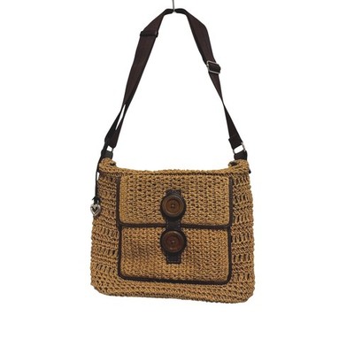 Brighton Woven Raffia Straw Crossbody purse Bag Tan Wood Buttons Heart Logo boho