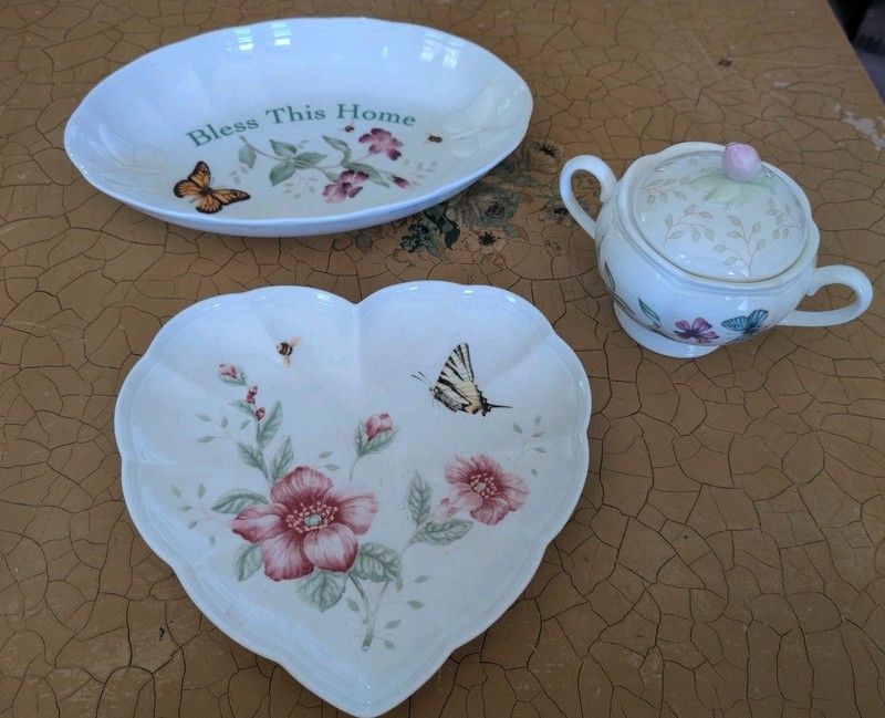 Lenox Butterfly Meadow 3 pcs Sugerer Heart Dish Bless Your Home Dish All New 