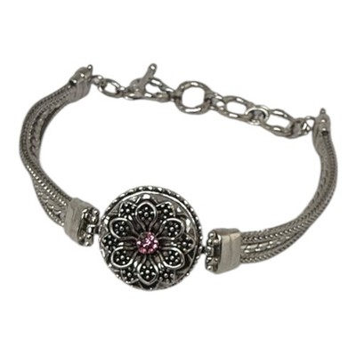 Vintage-Style Silver Tone Flower Bracelet with Pink Rhinestone One Stone Missing
