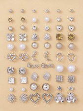 30 Pairs Silver Stud Earring Set With Hearts Flowers Pearls For Women